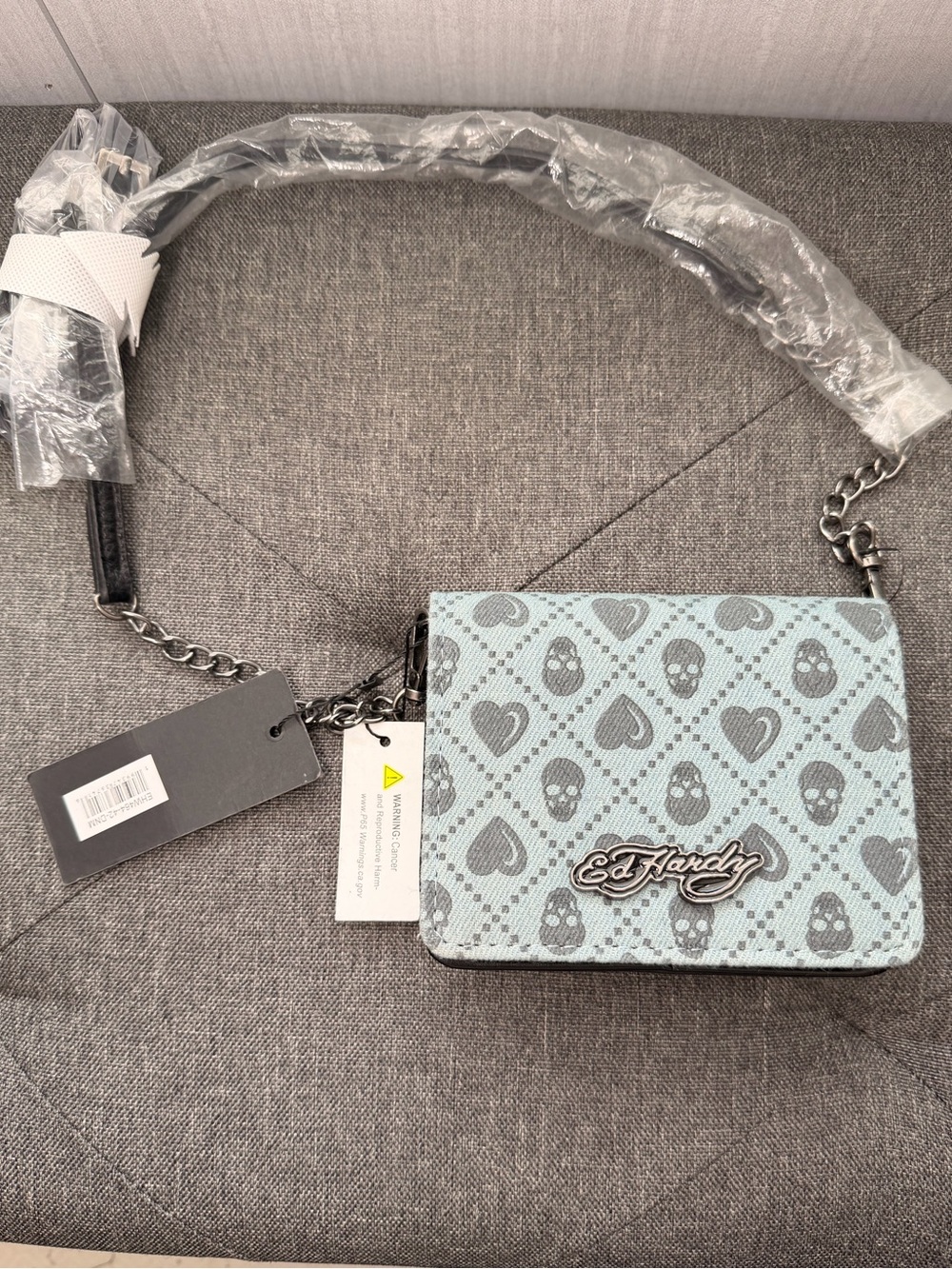 Ed Hardy Mint Blue Skull & Heart Chain Crossbody Bag